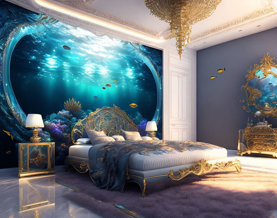 Spacious bedroom with large bed and underwater wall mural