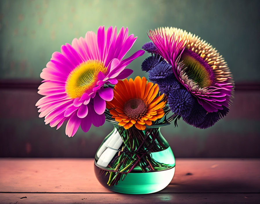 Colorful Gerbera Daisies Bouquet in Round Glass Vase on Wooden Surface