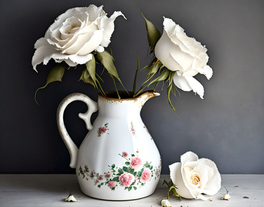 Vintage floral-patterned pitcher with white roses on table, one rose fallen, dark background