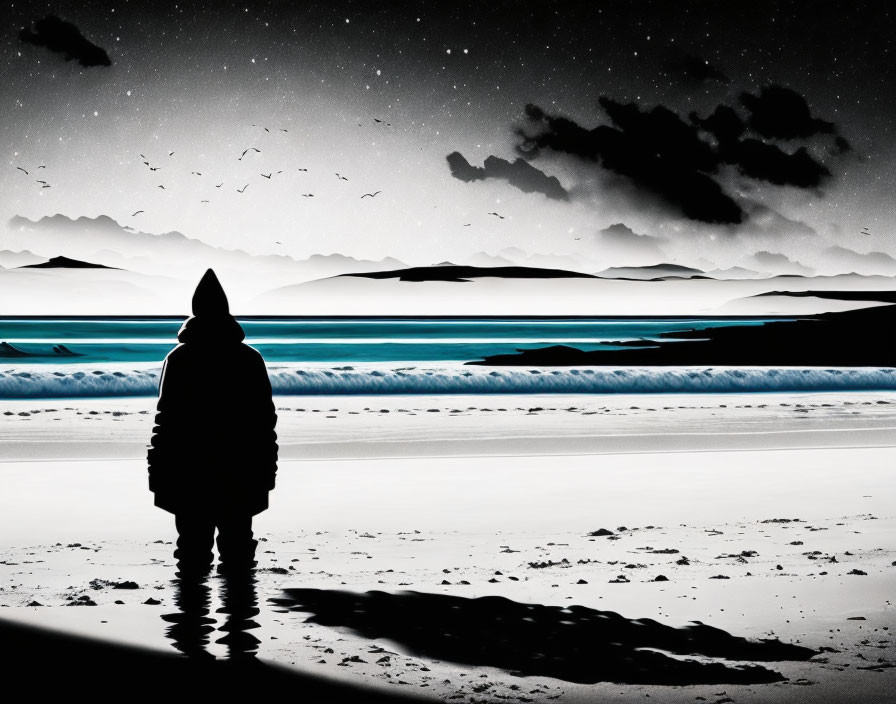 Solitary figure on shore at night gazes at tranquil sea with mountains and starry sky.