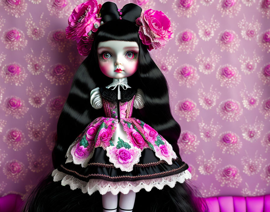 Gothic doll with black hair and pink roses on floral background