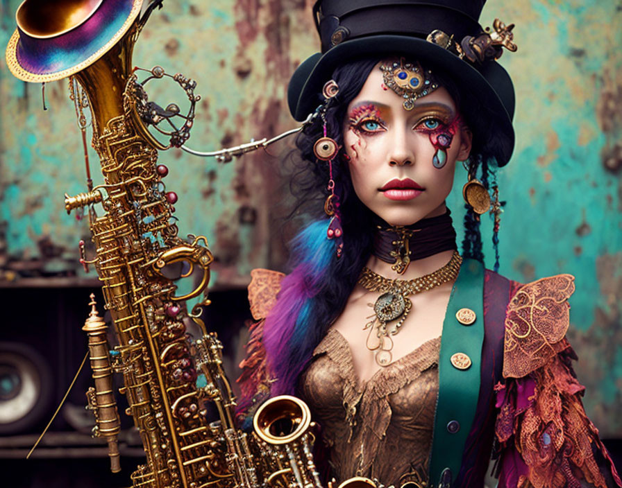 Steampunk-inspired woman with saxophone in vintage setting