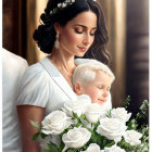 Elegant woman with floral headpiece and child in vintage setting