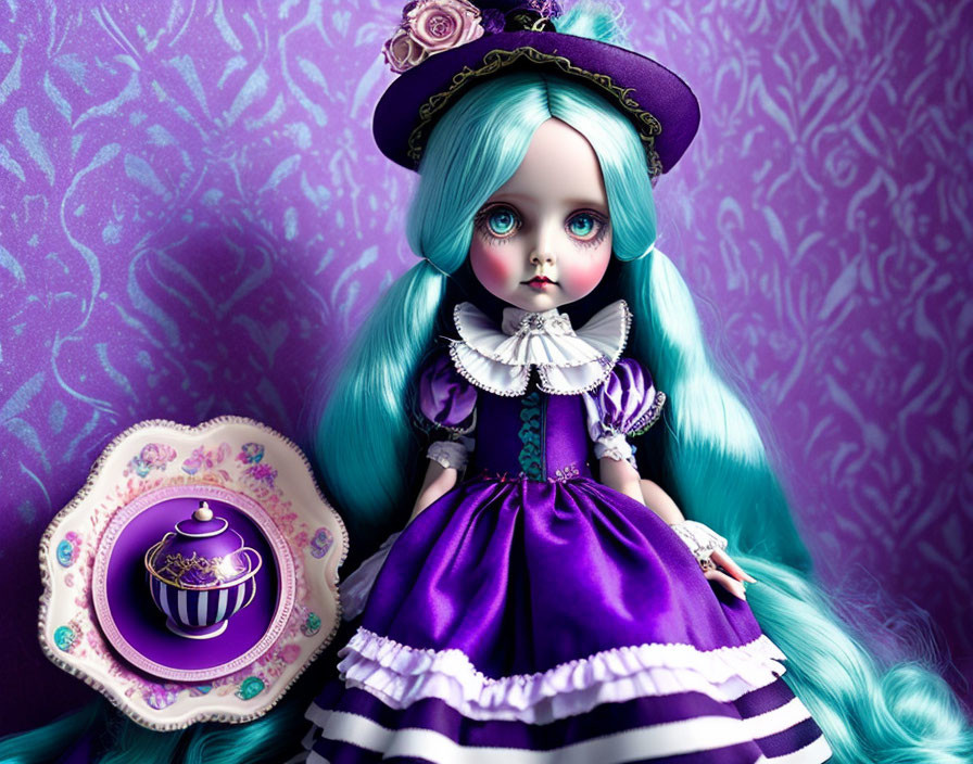 Turquoise-haired doll in Victorian dress with tea set