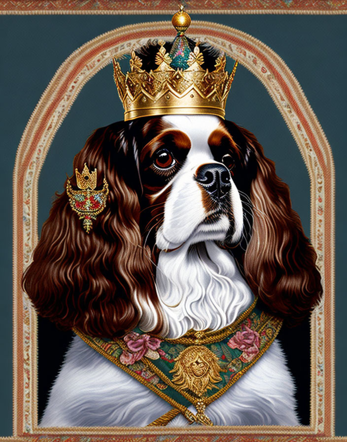 Digitally edited image of Cavalier King Charles Spaniel in royal attire