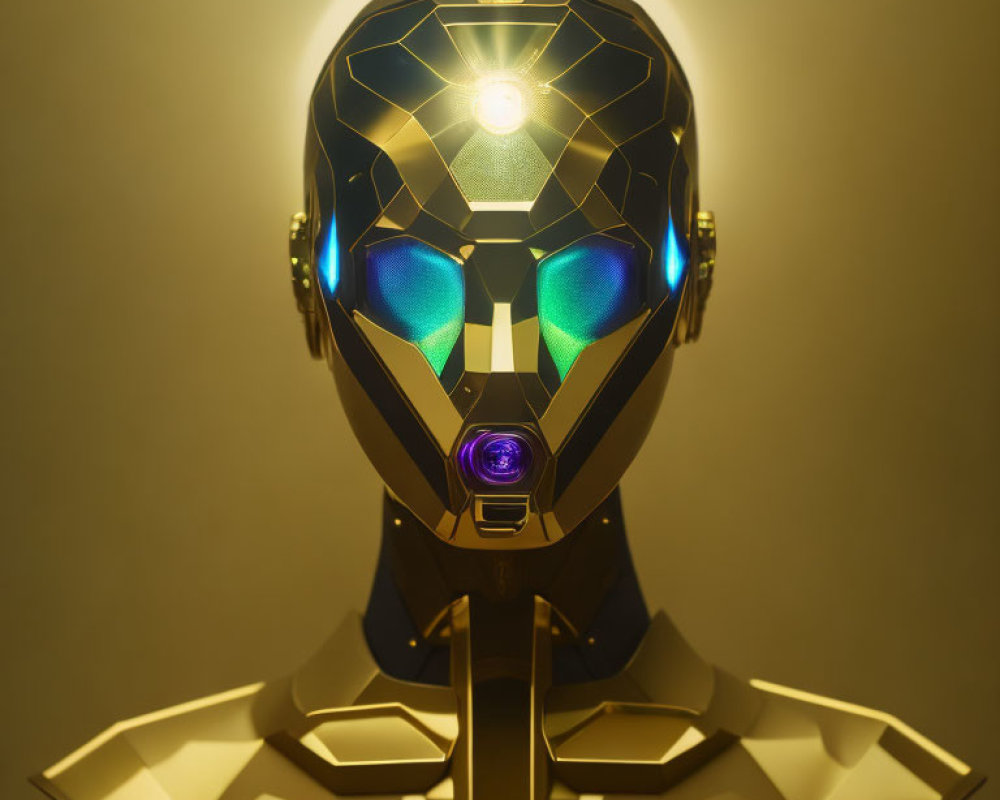 Golden robotic head with geometric patterns and green-lit eyes.