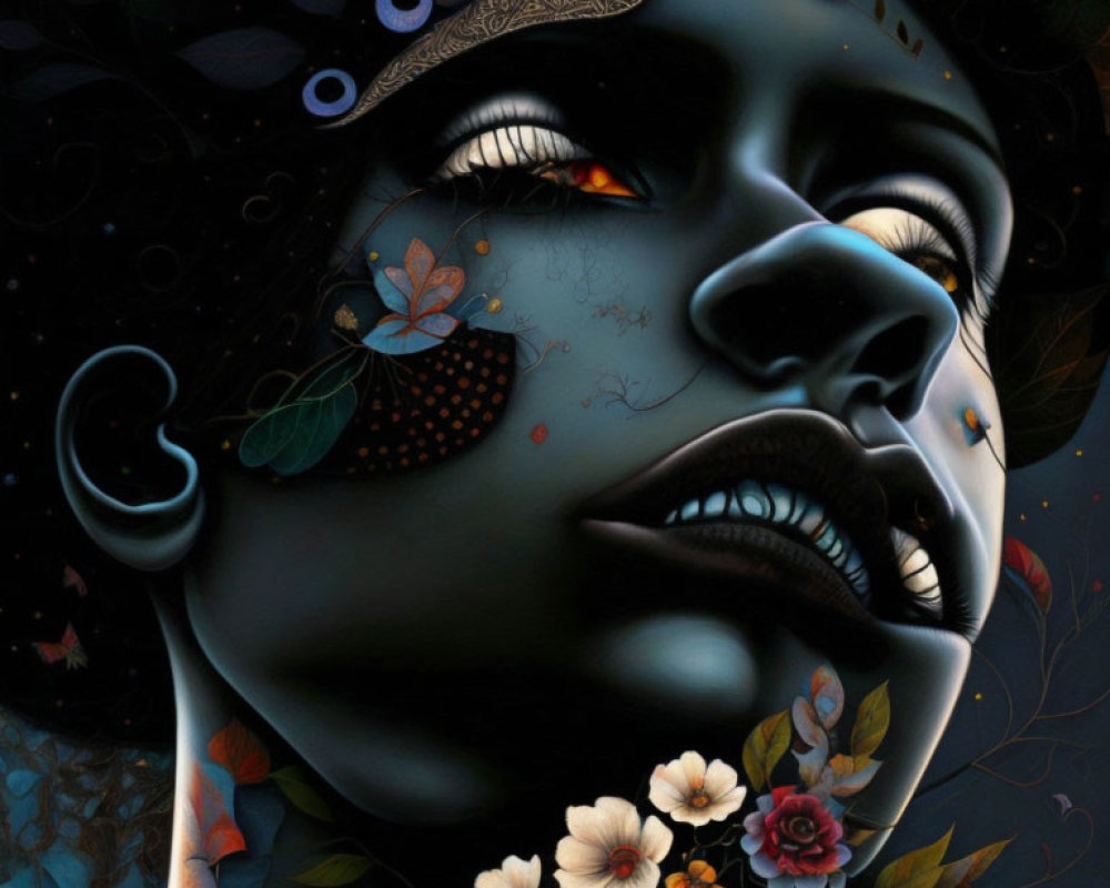 Surreal portrait of a woman with floral patterns and night sky motif