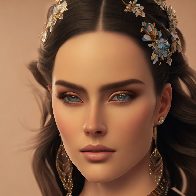 Detailed digital art portrait of woman with gold floral headpiece and earrings