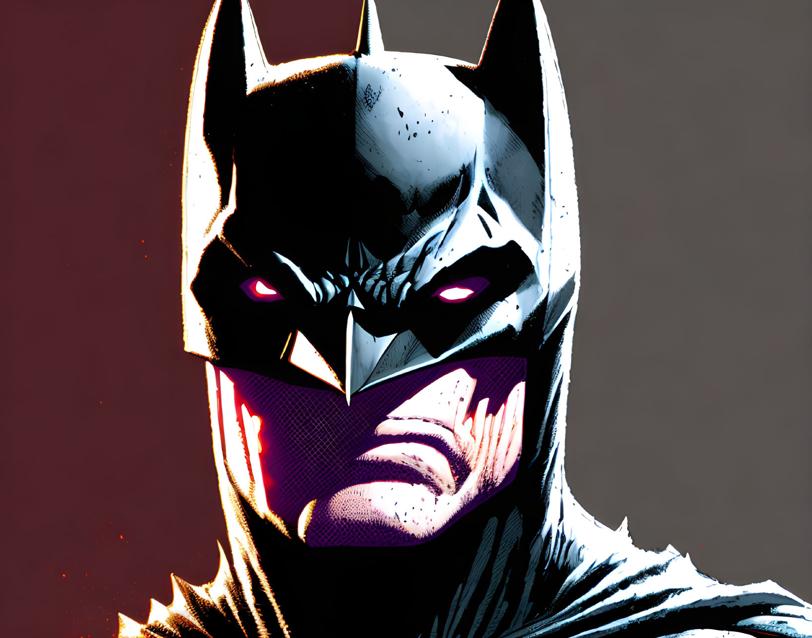 Gritty Batman illustration with glowing red eyes and angular cowl