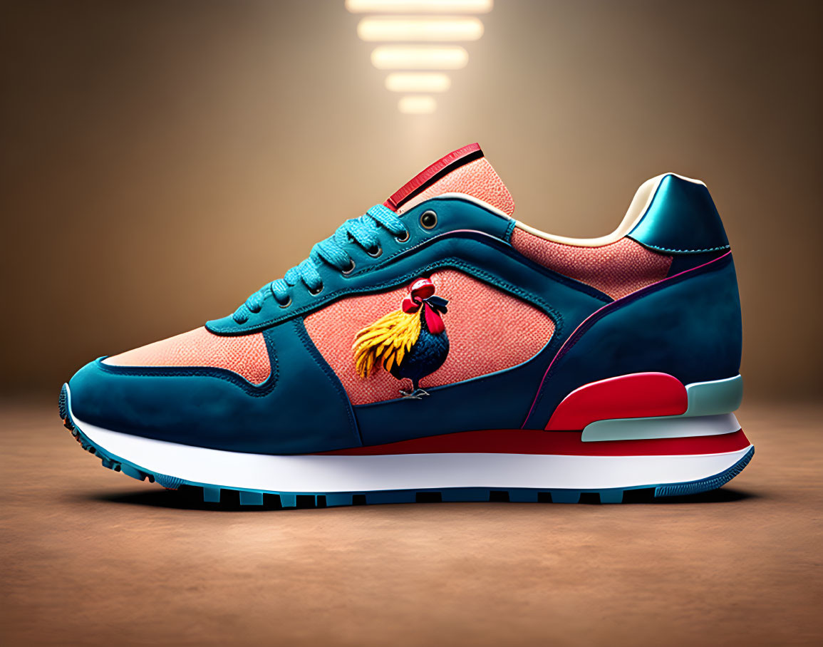 Colorful Sneaker with Blue and Red Tones and Rooster Illustration on Side Panel