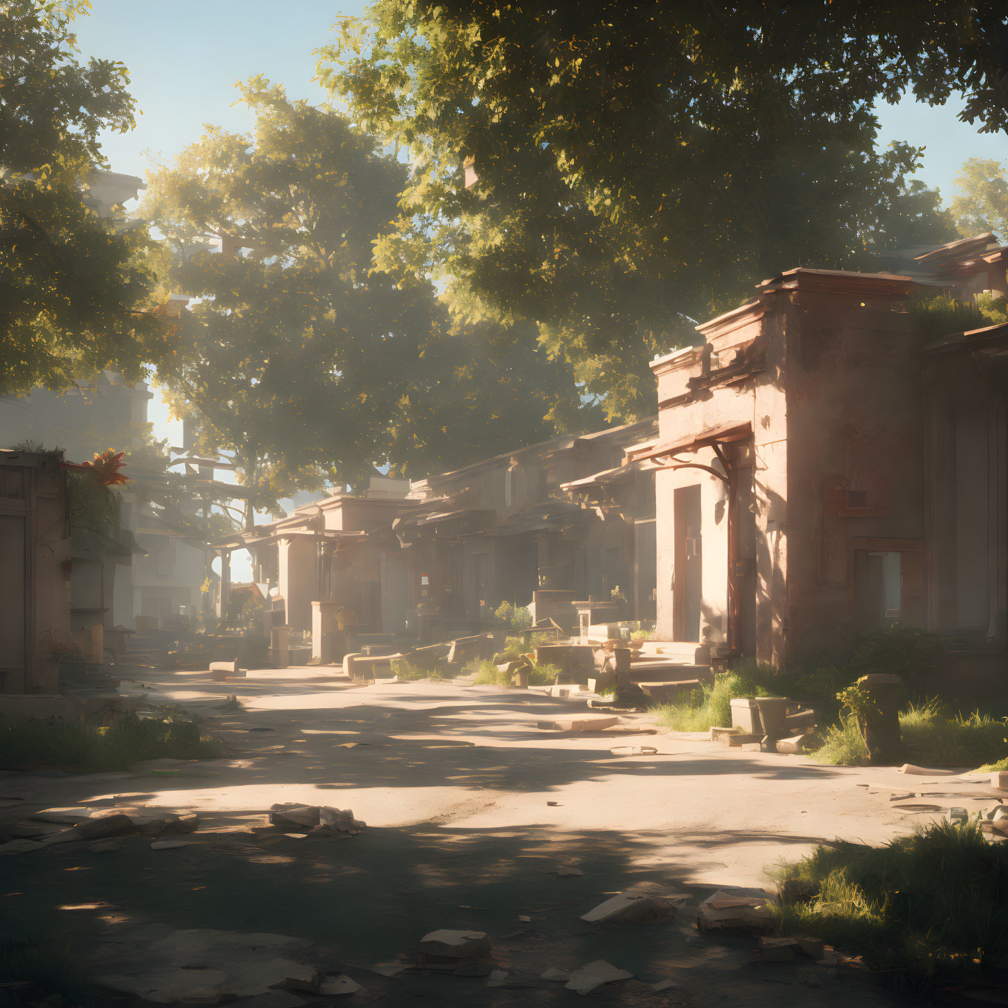 Sunlit street with overgrown plants and abandoned buildings in a serene, post-apocalyptic setting