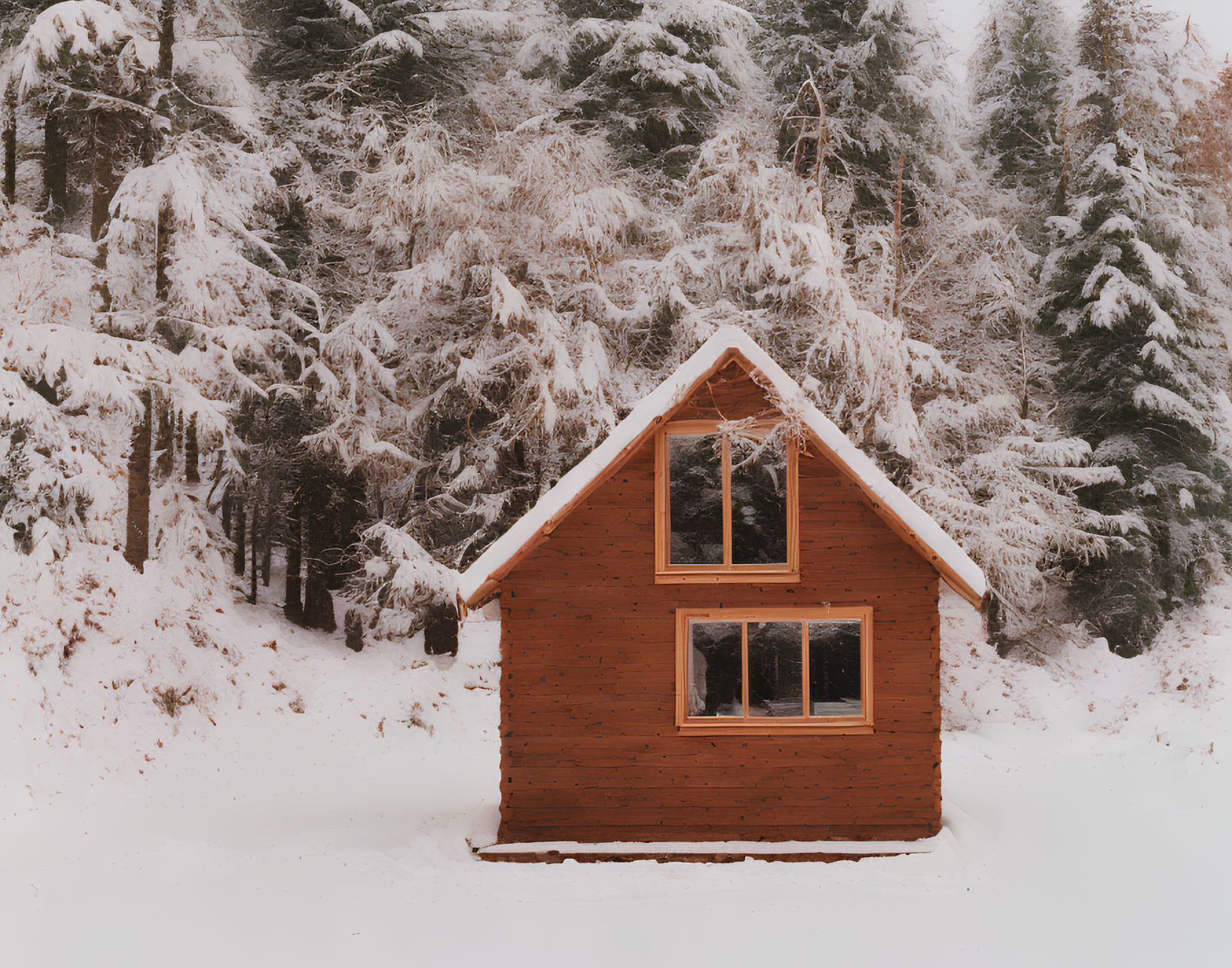 Snowy Winter Landscape with Small Wooden Cabin