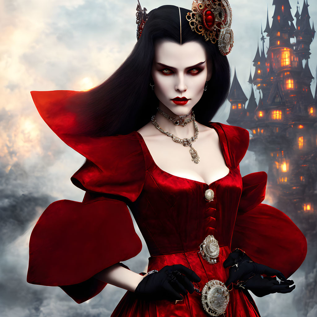 Gothic Vampire Queen in Red Dress with Gold Details