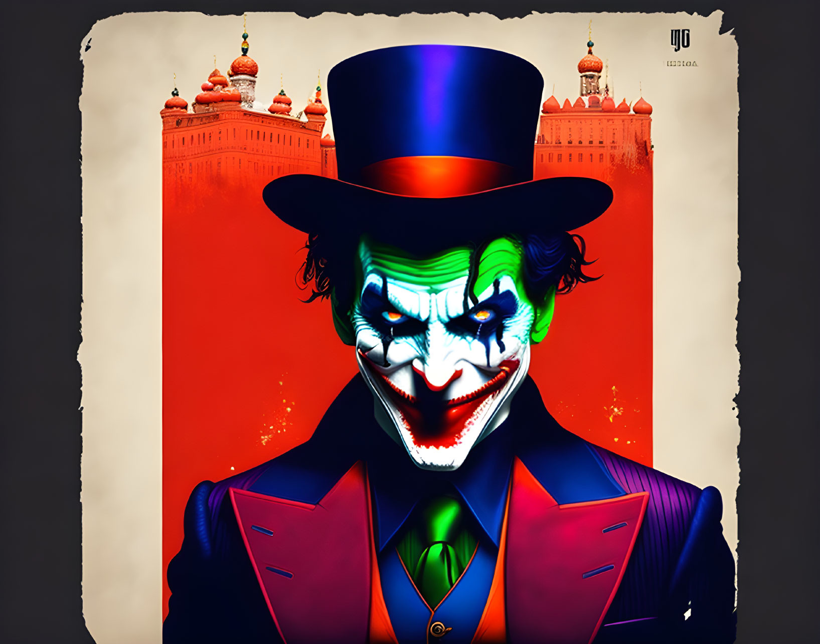 Stylized Joker with Top Hat Against Red and Black Cityscape Background