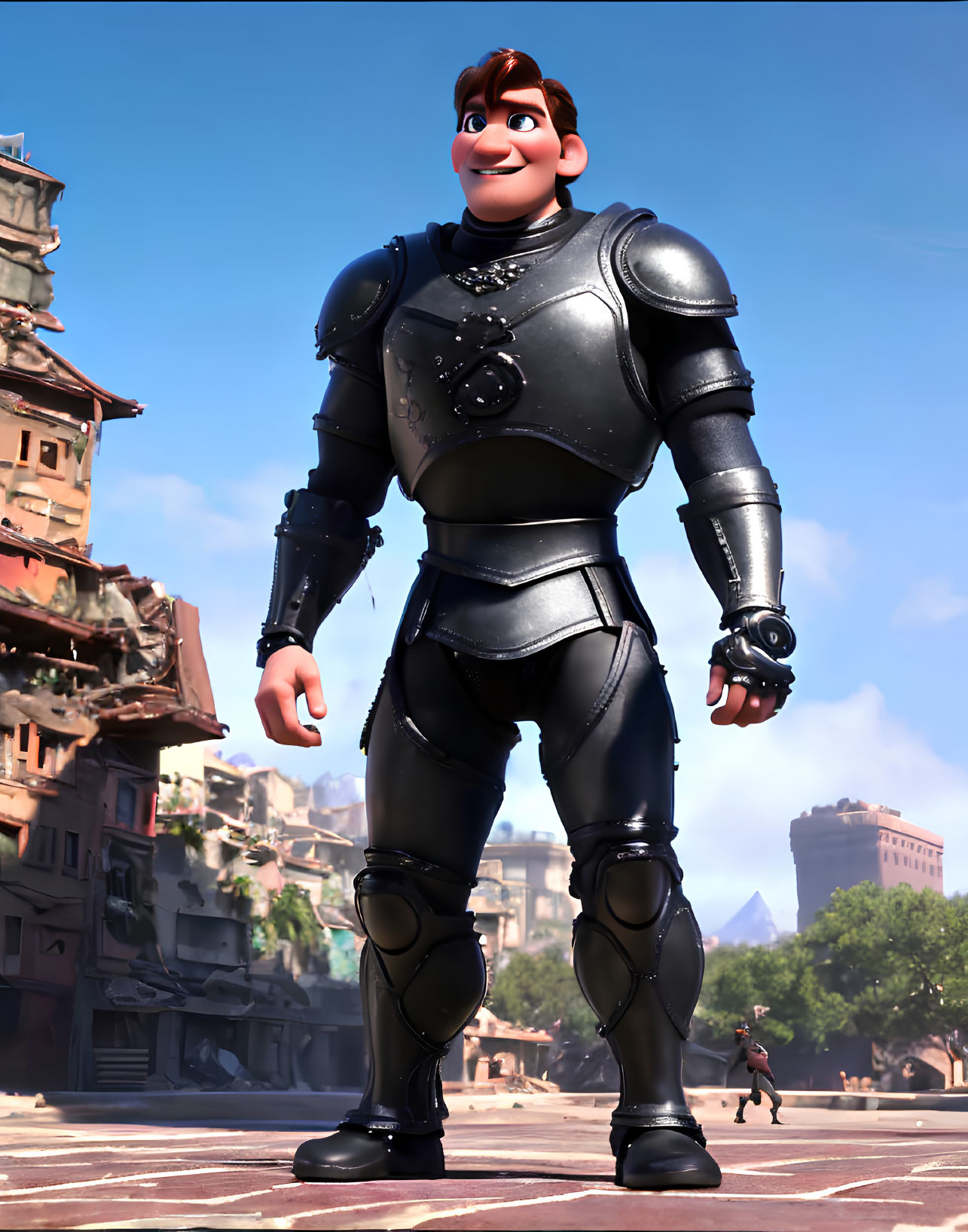 Animated knight in shiny armor in sunny medieval town square