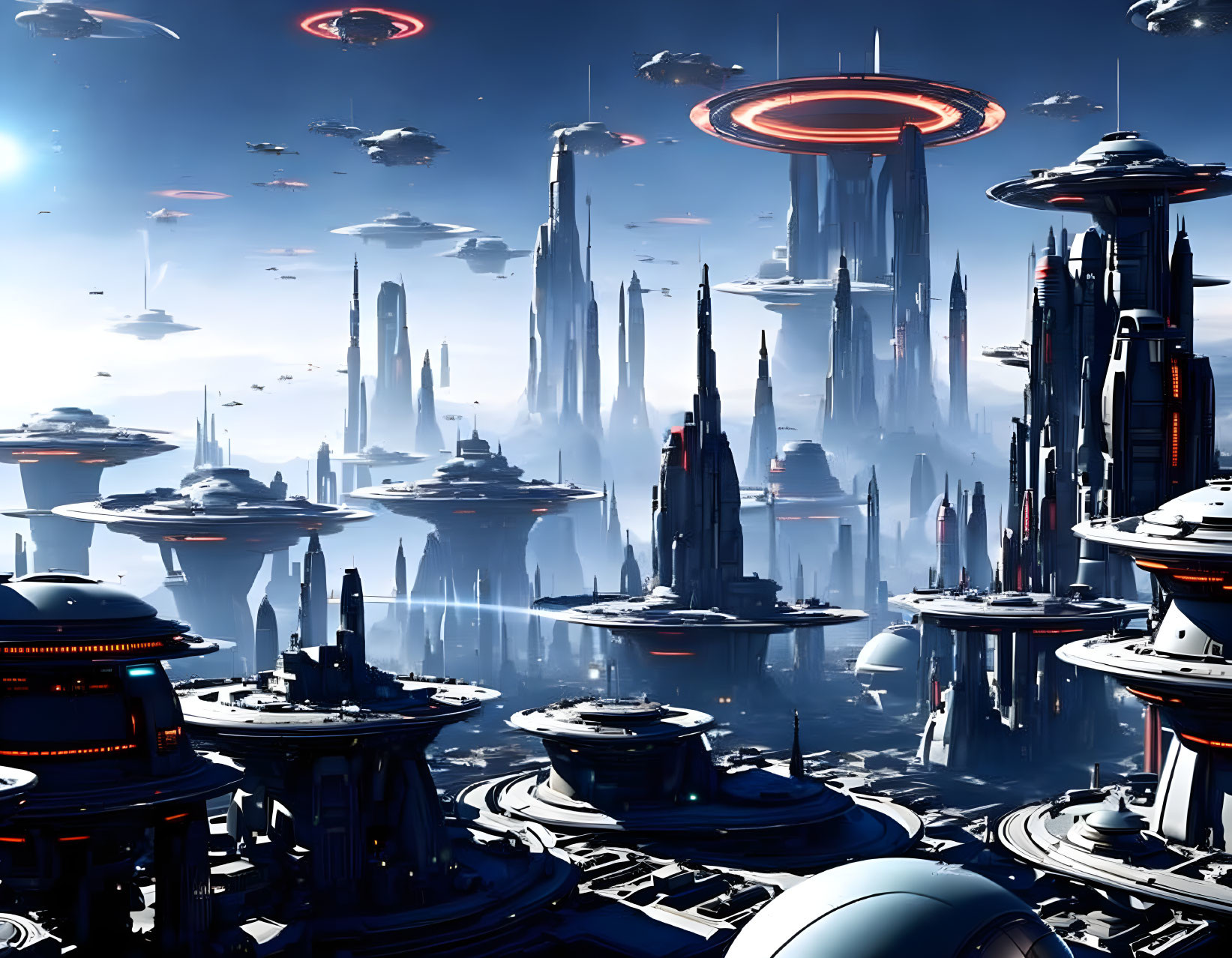 Futuristic cityscape with towering skyscrapers and floating platforms