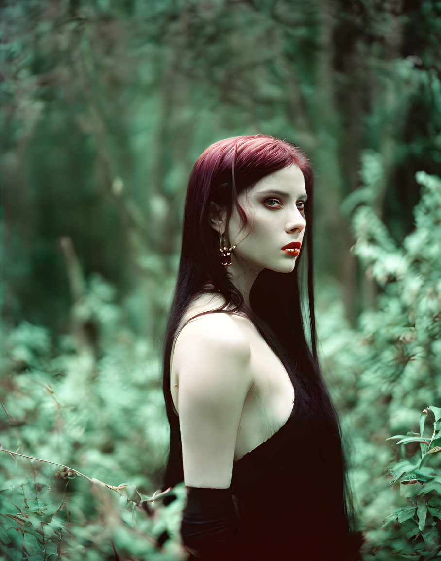 Red-haired woman in black dress gazes in green forest.