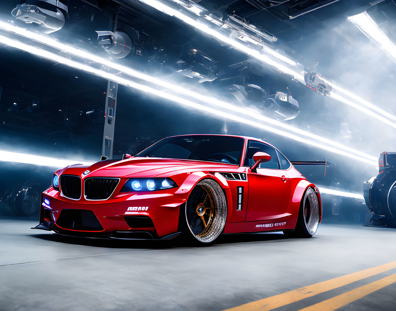 Red BMW M3 with Custom Gold Wheels in Modern Garage Setting