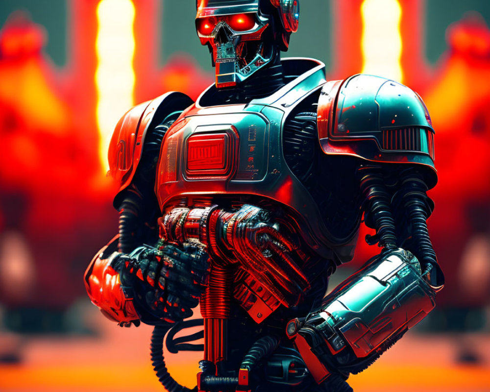 Detailed Futuristic Humanoid Robot with Exposed Mechanical Parts and Glowing Red Accents