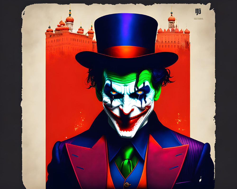 Stylized Joker with Top Hat Against Red and Black Cityscape Background