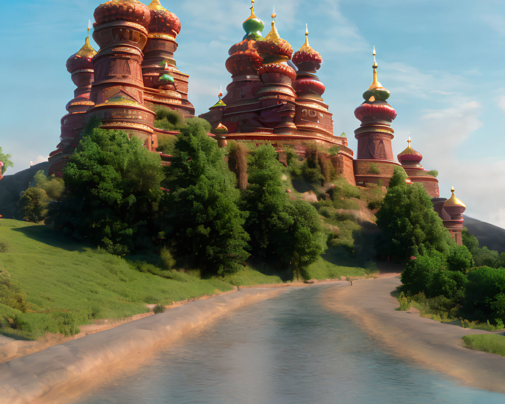 Majestic castle on verdant hill by calm river