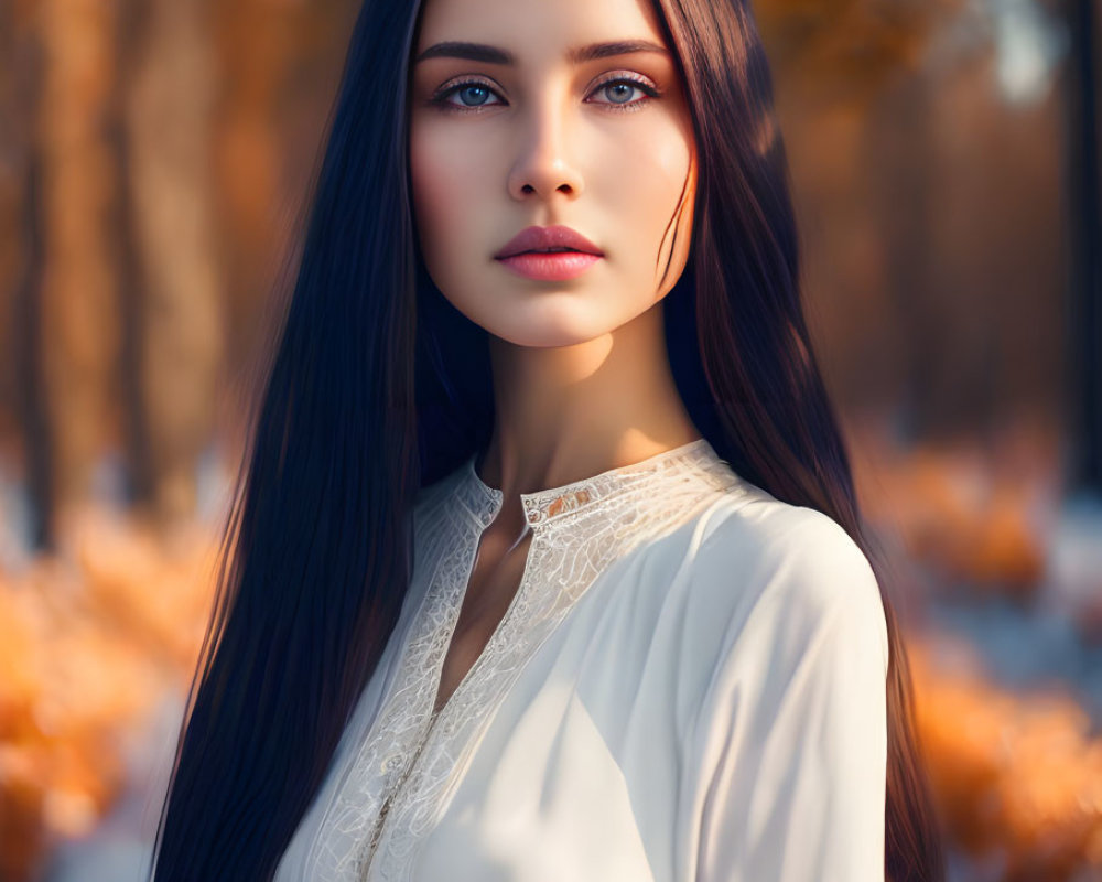 Woman with long dark hair in white blouse in autumn forest