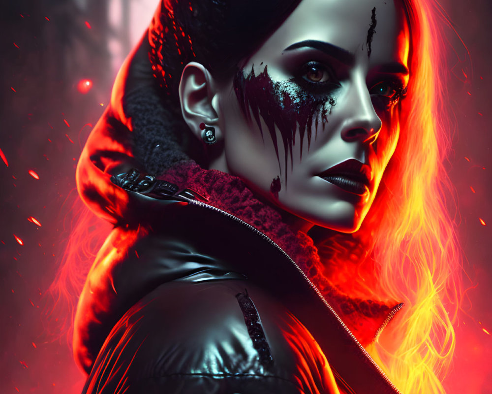 Intense woman with black eye makeup in black jacket against fiery red backdrop