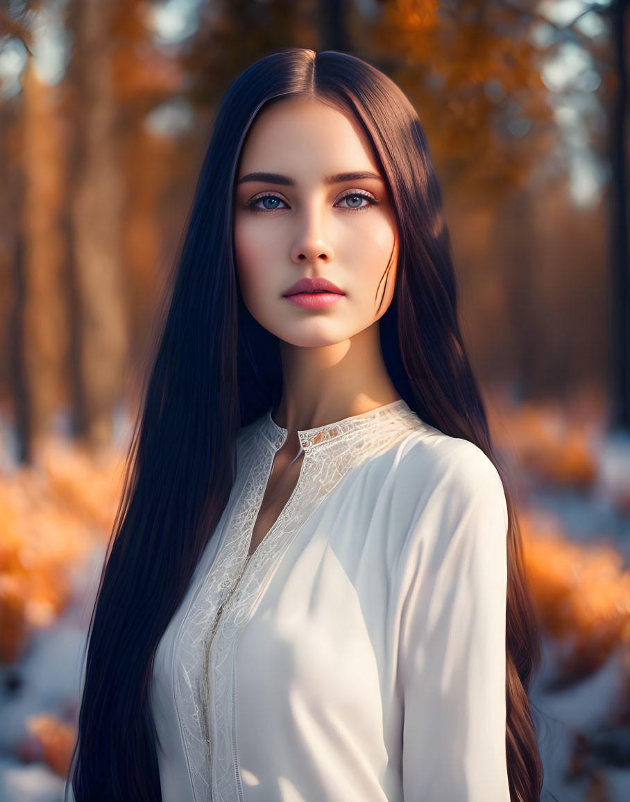 Woman with long dark hair in white blouse in autumn forest