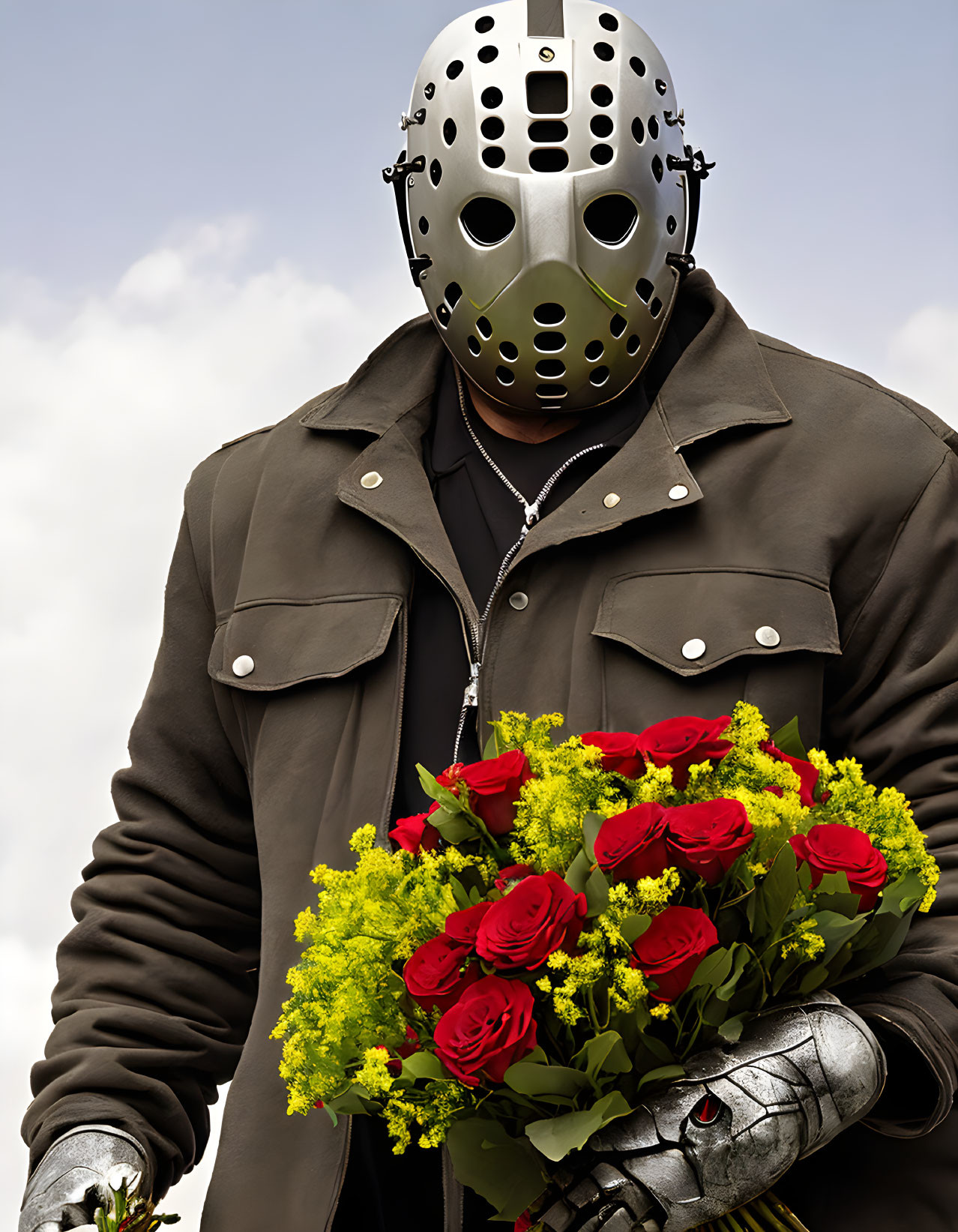 Hockey mask person with bouquet against cloudy sky