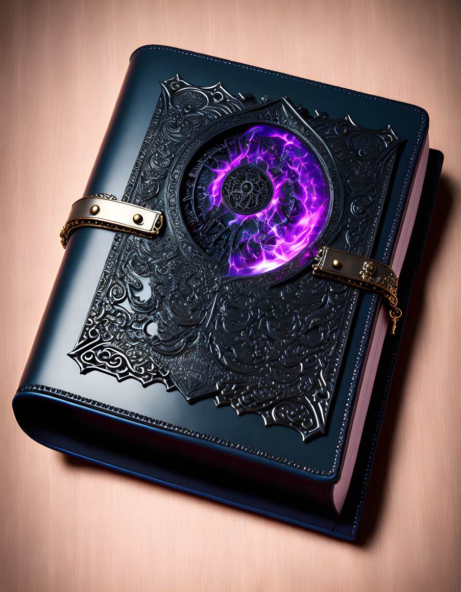 Fantasy book with black embossed cover, purple emblem, and golden clasps