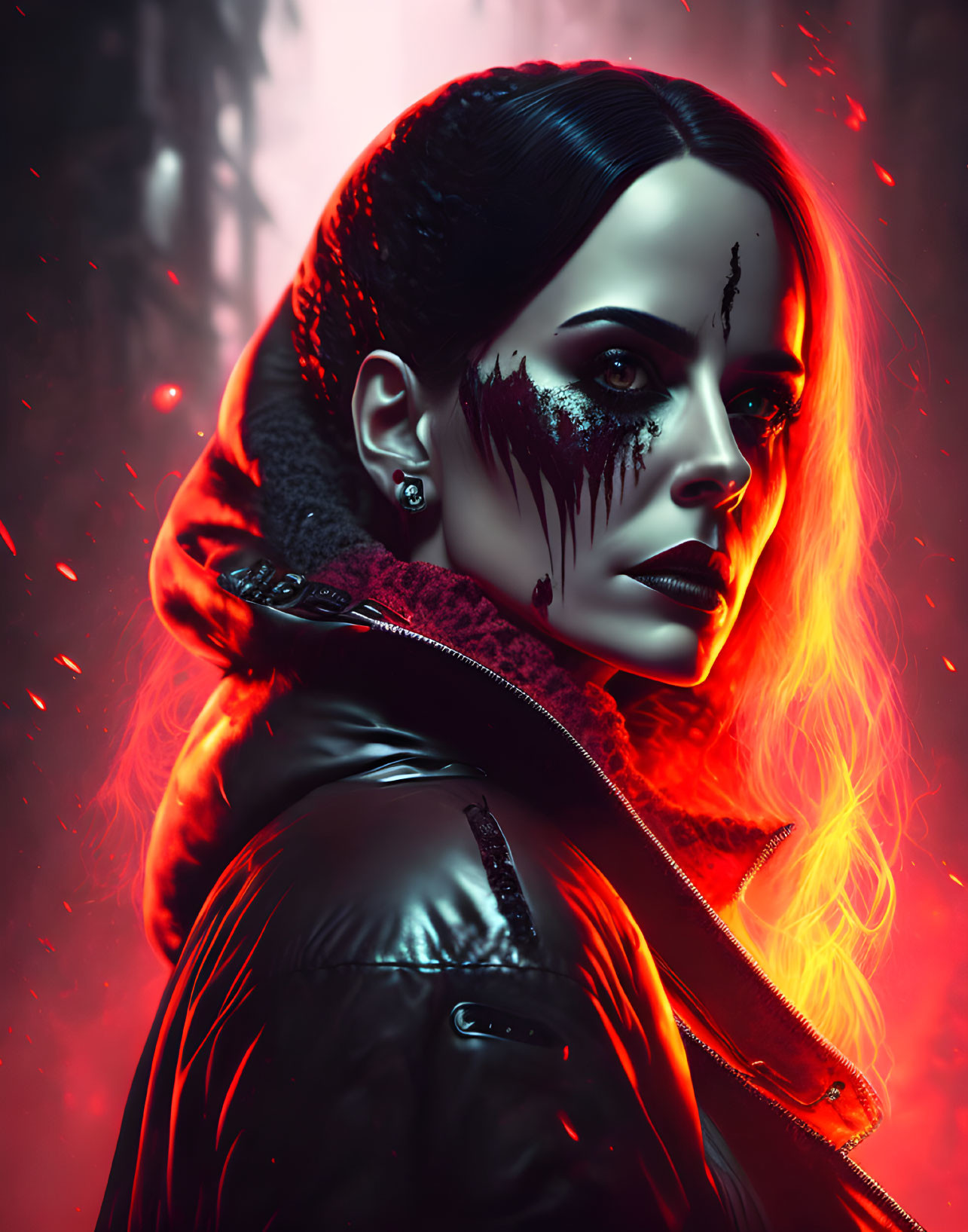 Intense woman with black eye makeup in black jacket against fiery red backdrop