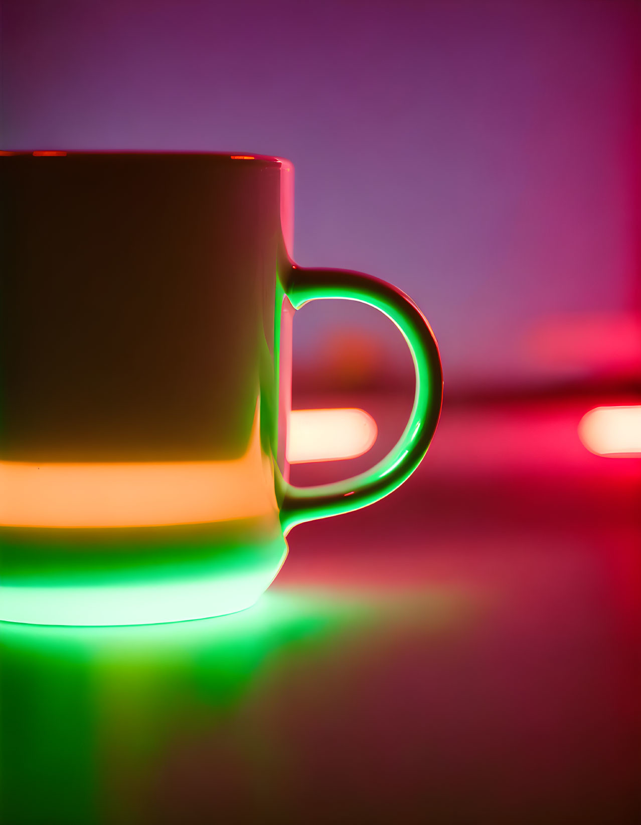 Translucent Cup with Neon Green and Pink Reflections on Blurry Background