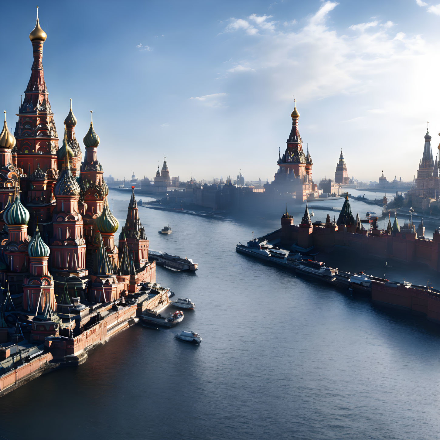 Iconic Moscow skyline with Kremlin, Saint Basil's, and Moskva River aerial view.