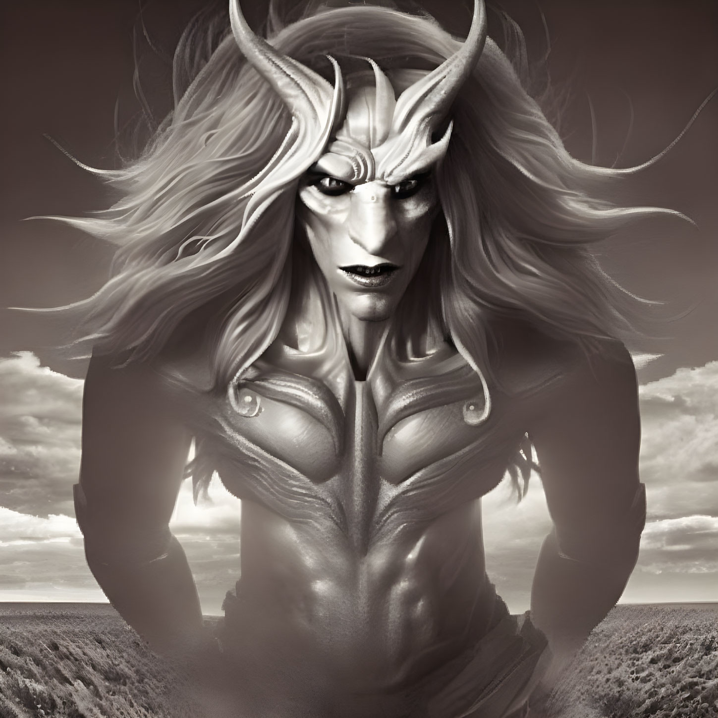 Monochrome mythical creature with horns and intense gaze against dramatic sky.