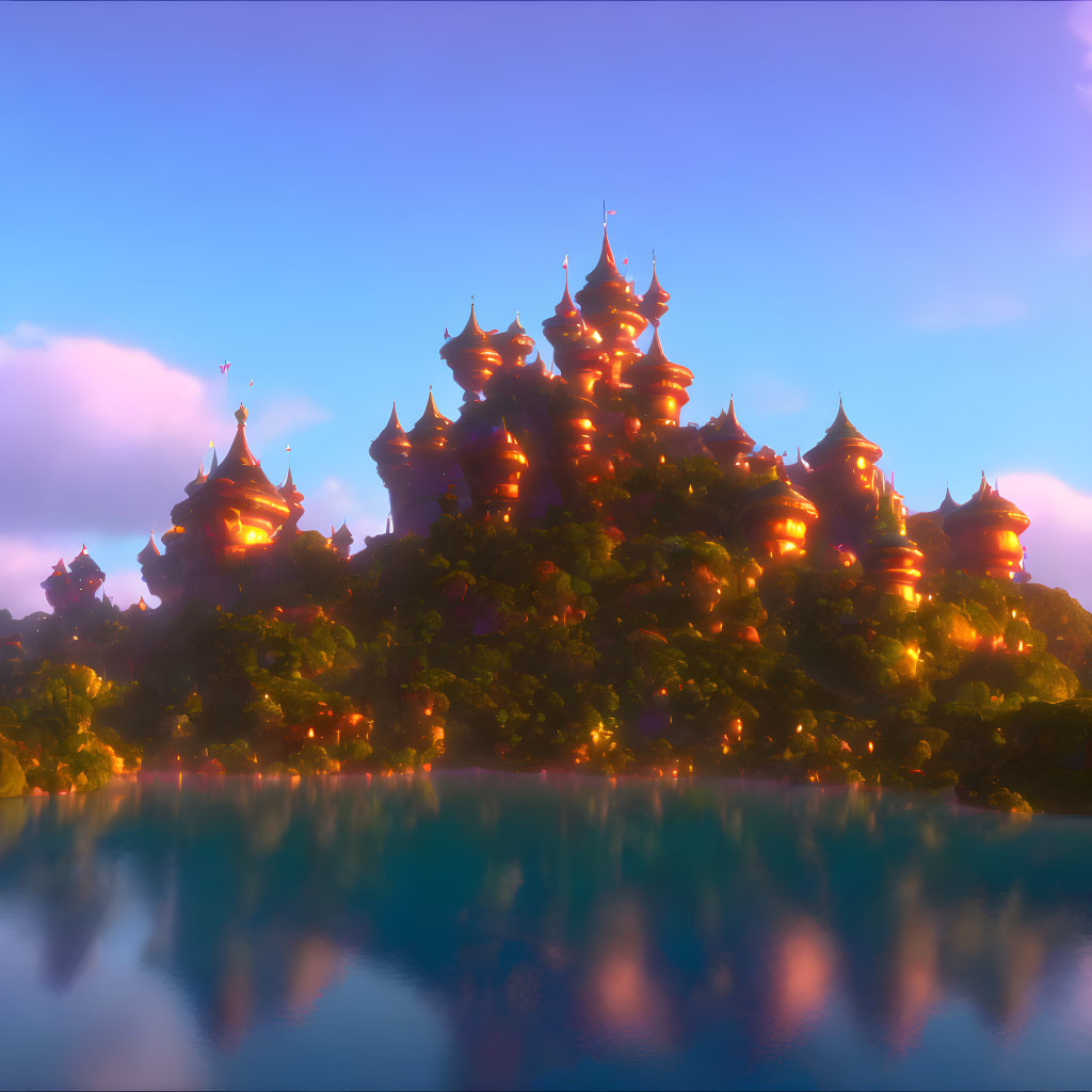 Majestic castle with glowing spires at sunset above lush hill