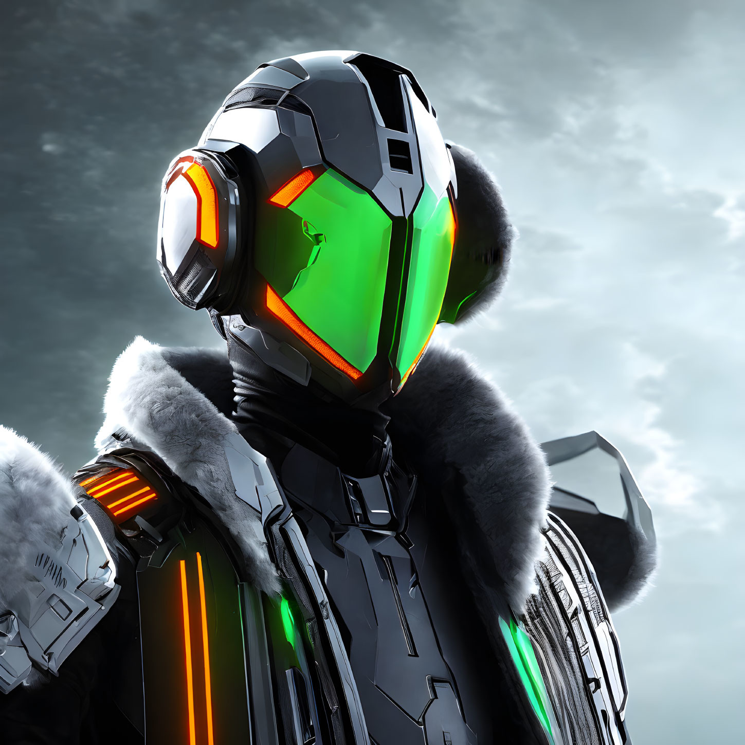 Armored individual in futuristic attire with glowing green helmet and orange light accents against cloudy sky