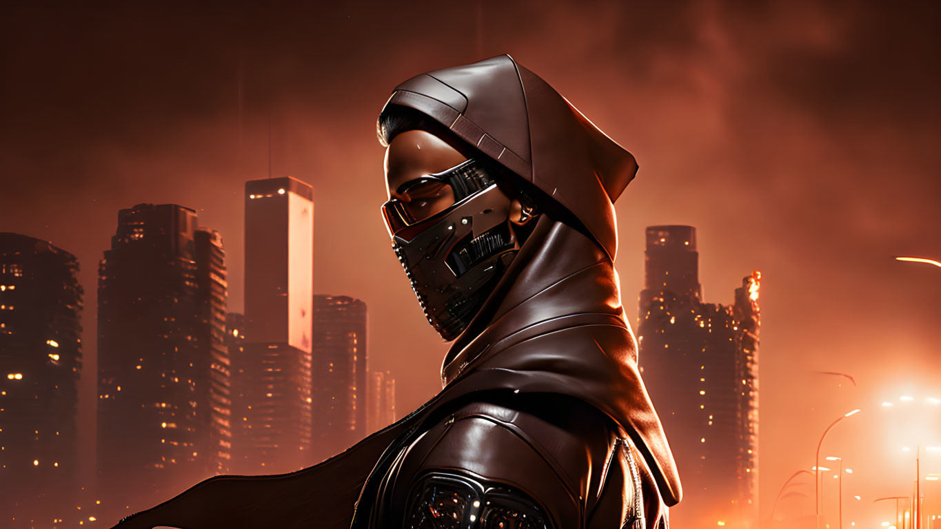 Futuristic helmet and leather jacket against red cityscape