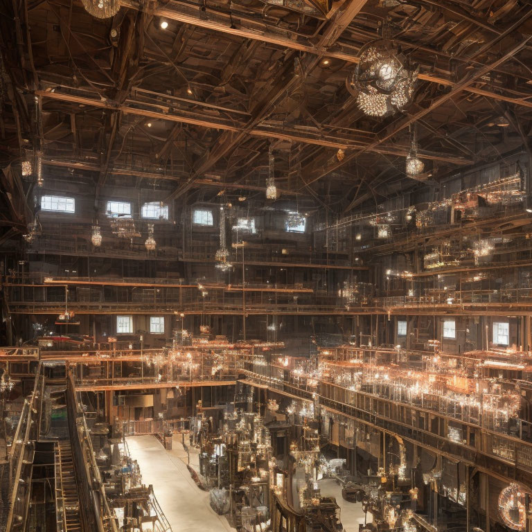 Spacious industrial interior with wood beams and chandeliers