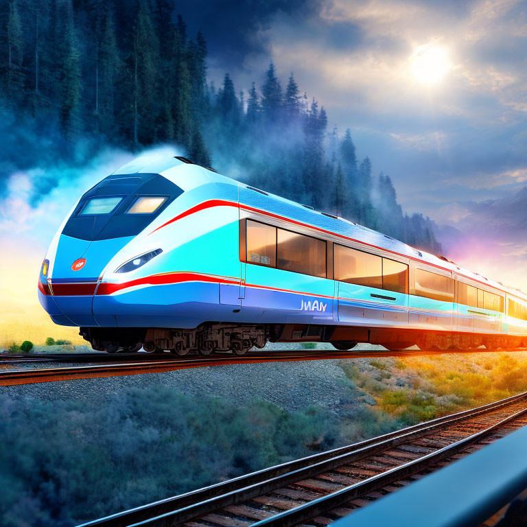 High-speed train in misty forest landscape at sunset