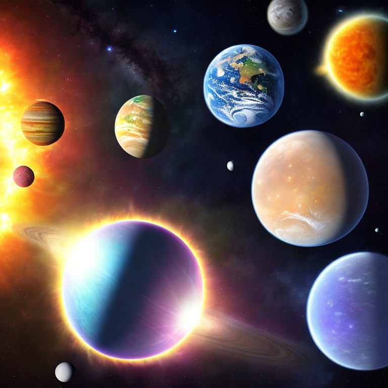 Colorful planetary artwork set against starry space.