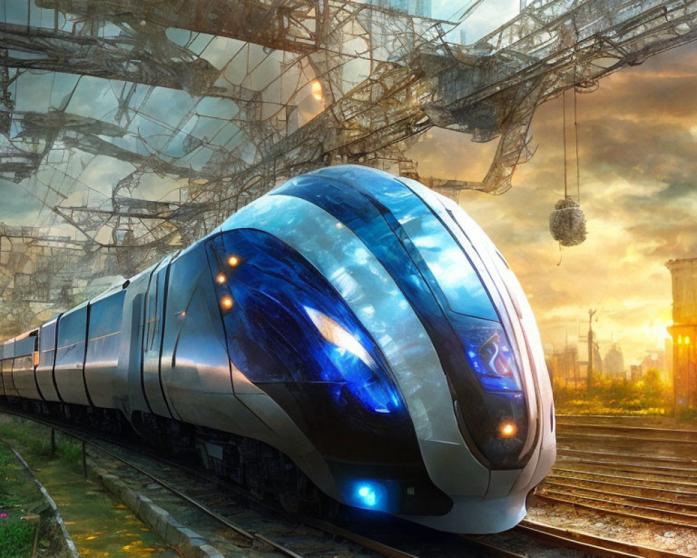 Blue futuristic train on industrial tracks with golden sky.