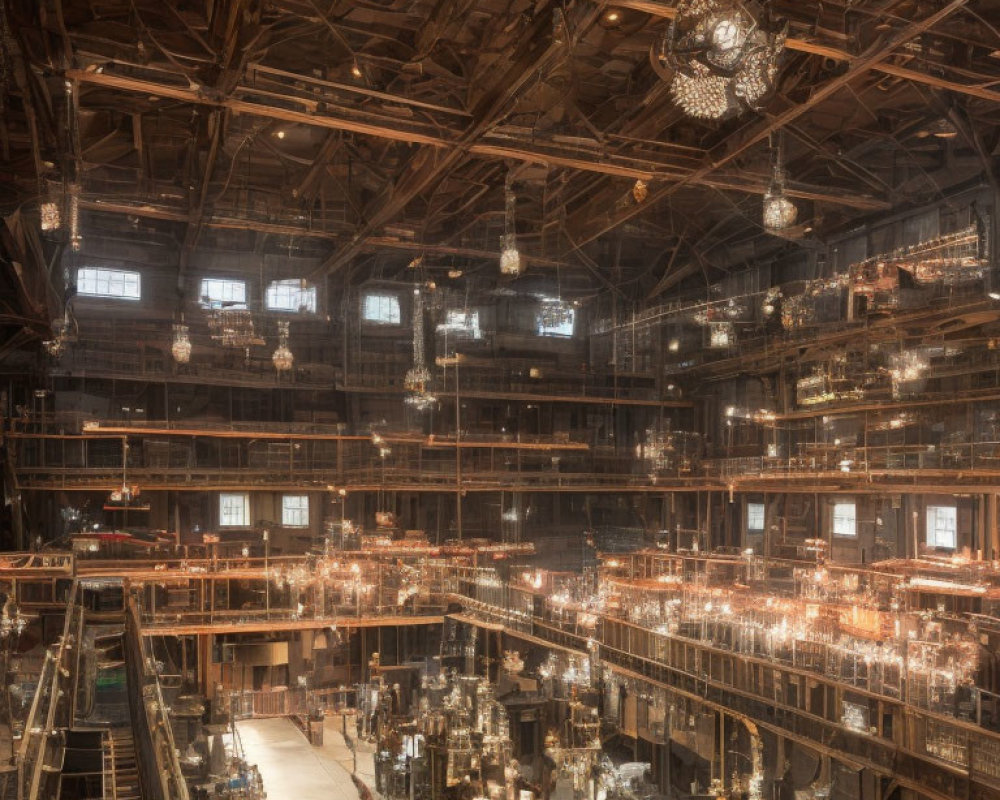 Spacious industrial interior with wood beams and chandeliers