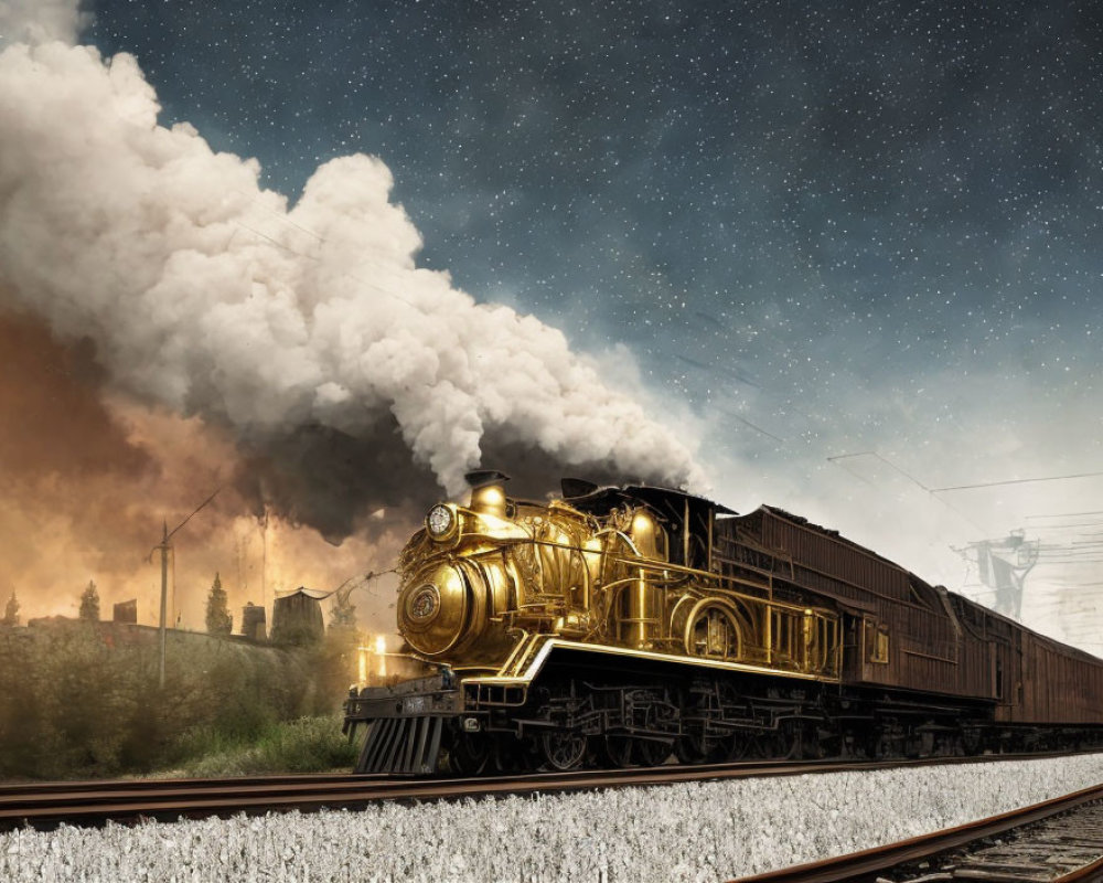 Vintage Golden Steam Locomotive on Tracks Amid Fiery Landscape