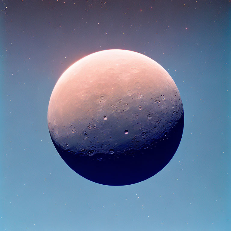 Moon-like celestial body with craters in shadow and sunlit crescent.