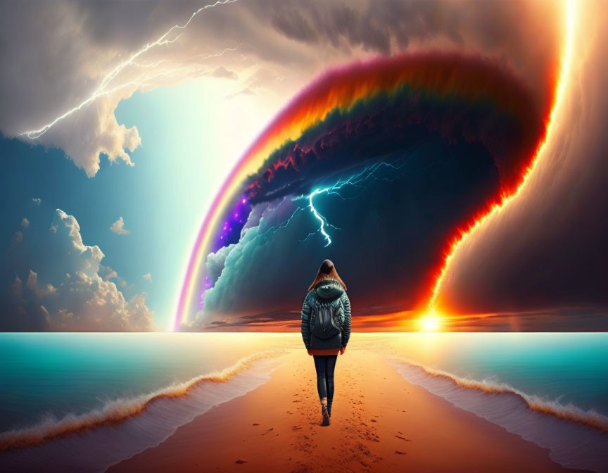 Person walking on beach under surreal rainbow and lightning at sunset