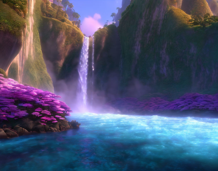 Tranquil landscape with waterfall, pink flora, and turquoise pool