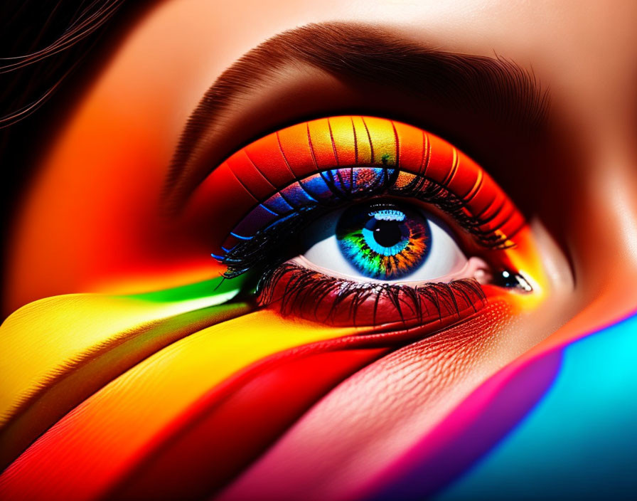 Close-up of eye with rainbow-colored makeup and feathers for creative beauty styling