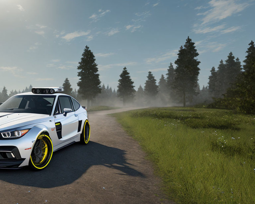 White Sports Car with Yellow Highlights Parked on Dusty Road