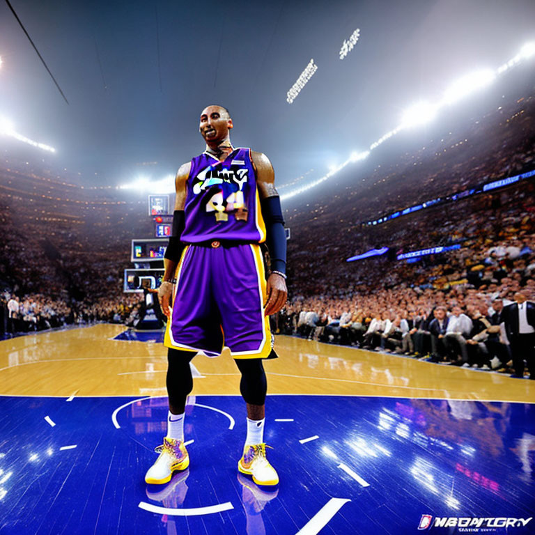 Basketball player in purple and gold uniform, number 24, on court with spectators