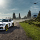 White Sports Car with Yellow Highlights Parked on Dusty Road